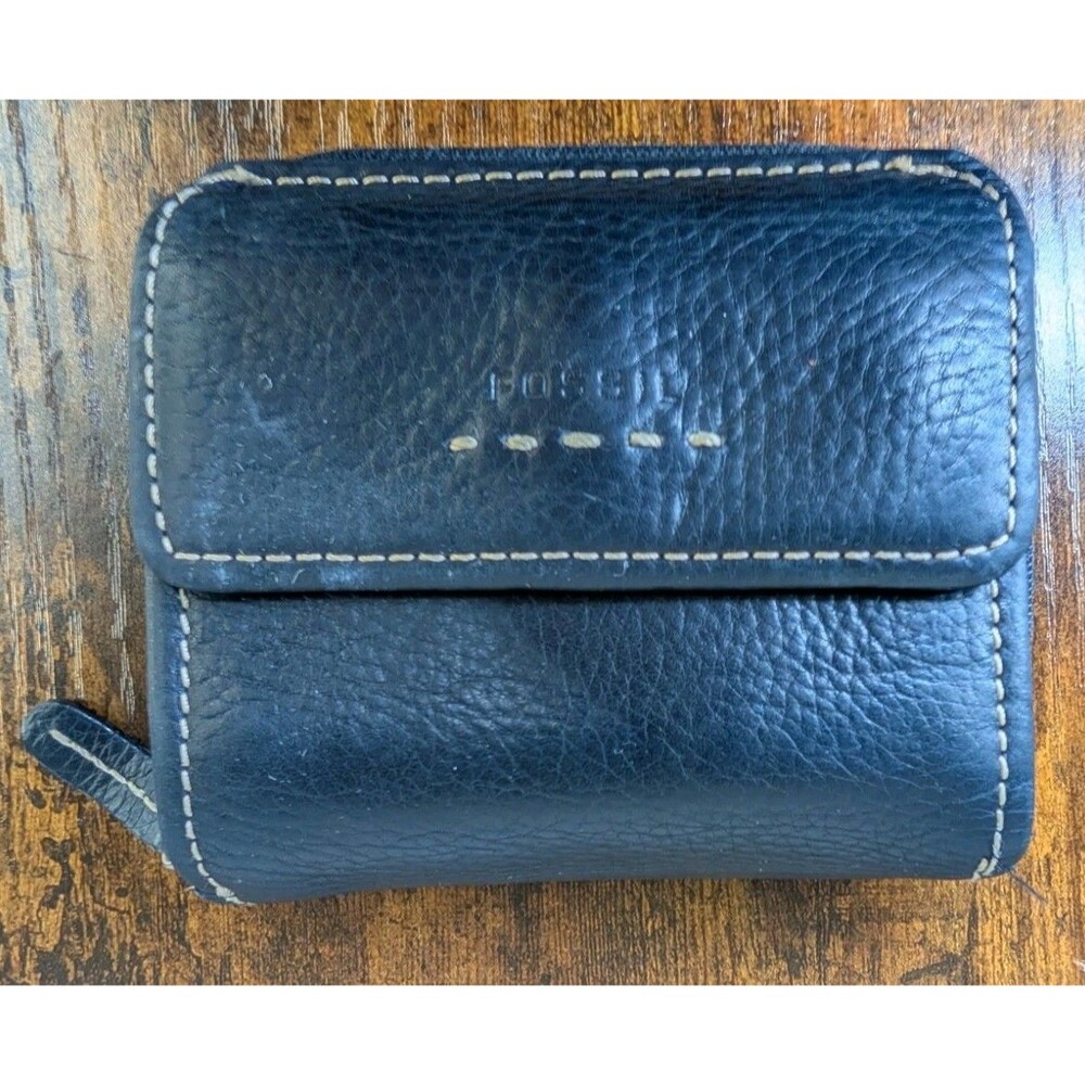 Fossil Trifold Wallet Pop Stitch Y2K Black Soft Pebbled Leather Change